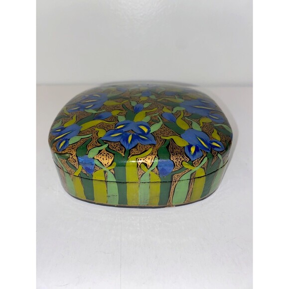 Wooden Other - Hand Painted Wooden Box Irises Gold And Green Design